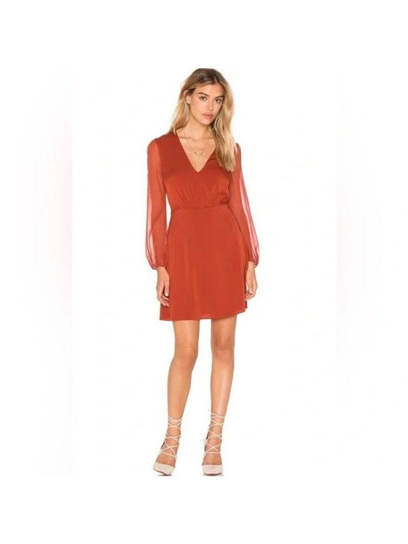 Nwt Alice + Olivia Cary Silk V-Neck Sheer Sleeve Fit & Flare Dress Copper Size 4